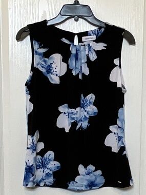 Calvin Klein Top Size S, Blue Floral Print on Black with Stretch